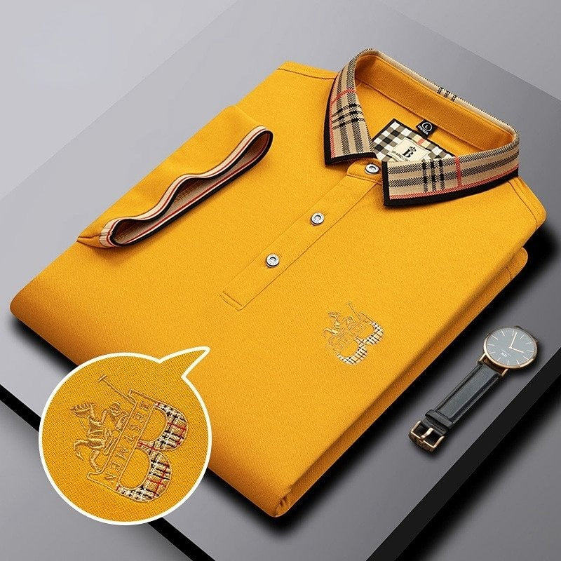 Men's Short Sleeve Polo Shirt, Slim Fit Contrast Check Collar Smart Casual Pique Polo 12