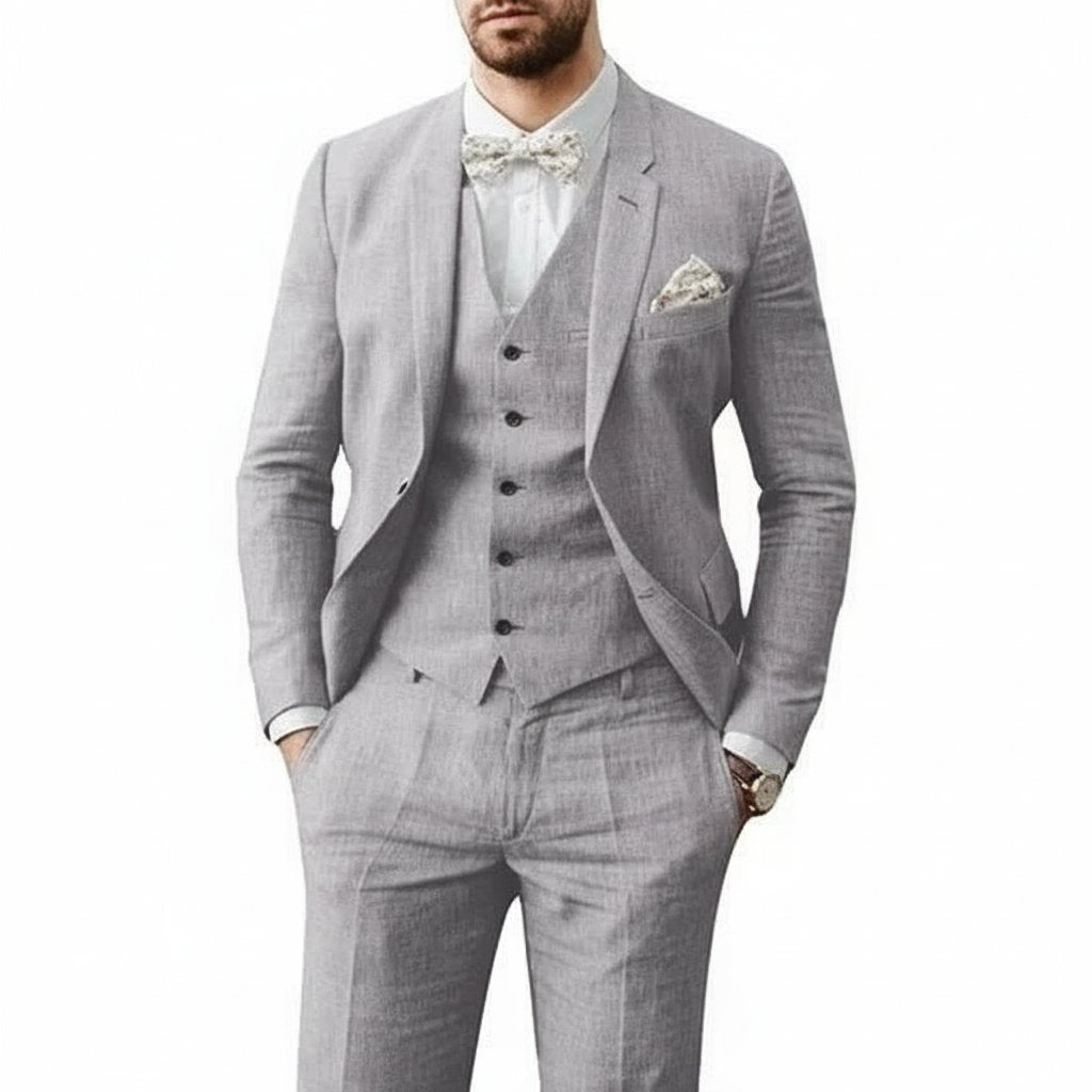 Men's Linen 3 Piece Suit, Slim Fit Tailored Blazer Waistcoat & Trousers for Summer Weddings 5